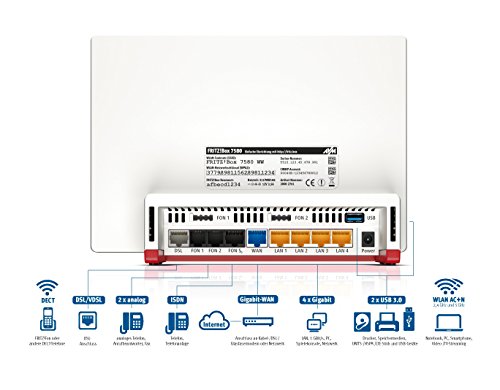 AVM FRITZ!Box 7580 WLAN AC + N Router (VDSL-/ADSL-/ADSL2+-Modem, 4x4 MU-MIMO mit 1.733 (5 GHz) + 800 MBit/s (2,4 GHz), DECT-Basis, Media Server) -
